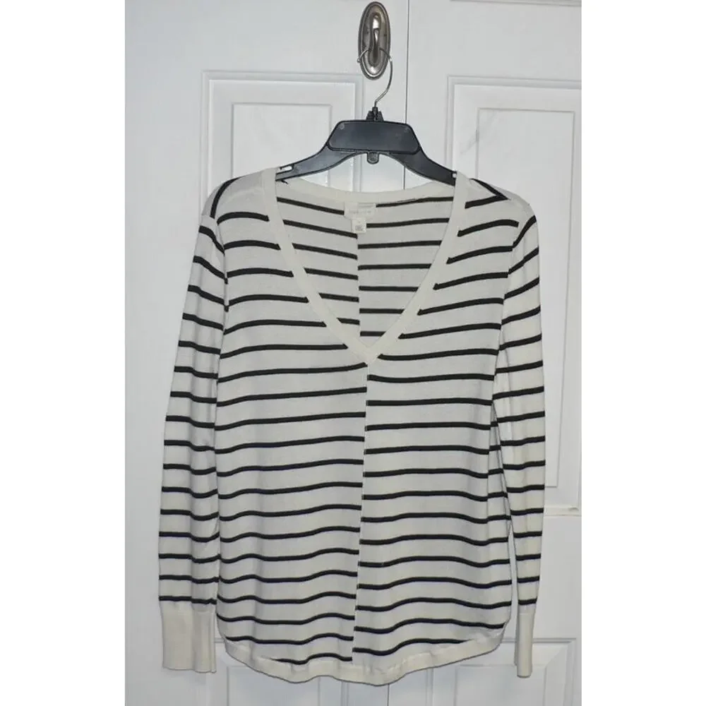 Caslon Women's High-Low V-Neck Sweater in Ivory Black Stripe Medium‎ MSRP $59
